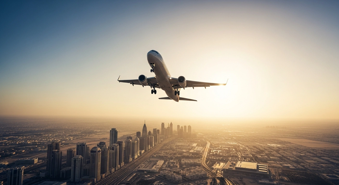 A commercial airliner takes off from a UAE airport during a golden sunset to represent the increased flight capacity of Emirates, Etihad, and flydubai.