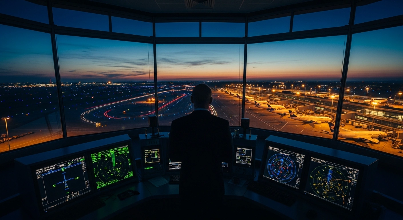 An air traffic controller monitors flight paths at a UAE airport as the General Civil Aviation Authority implements new traffic holds and slot caps.