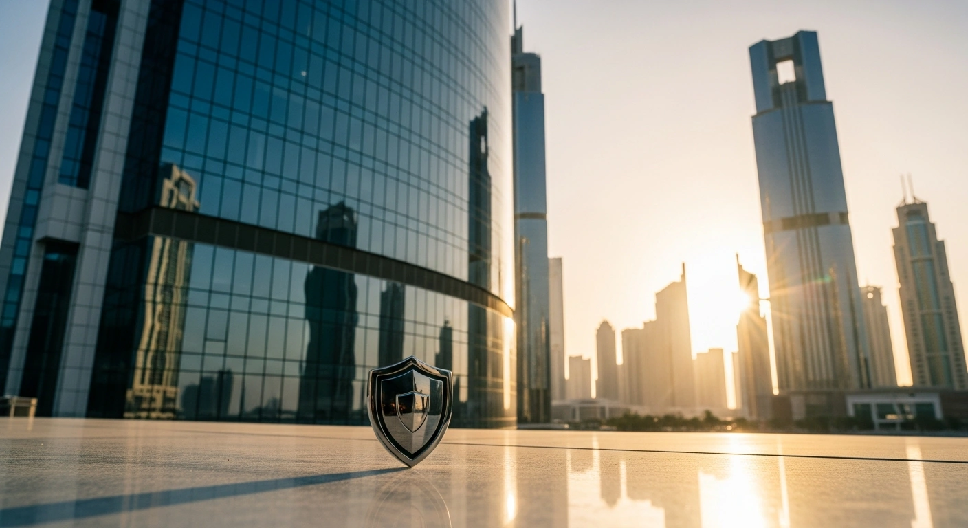 A symbolic representation of the United Arab Emirates' new anti-commercial fraud regulations featuring a protective shield icon against a modern city skyline.