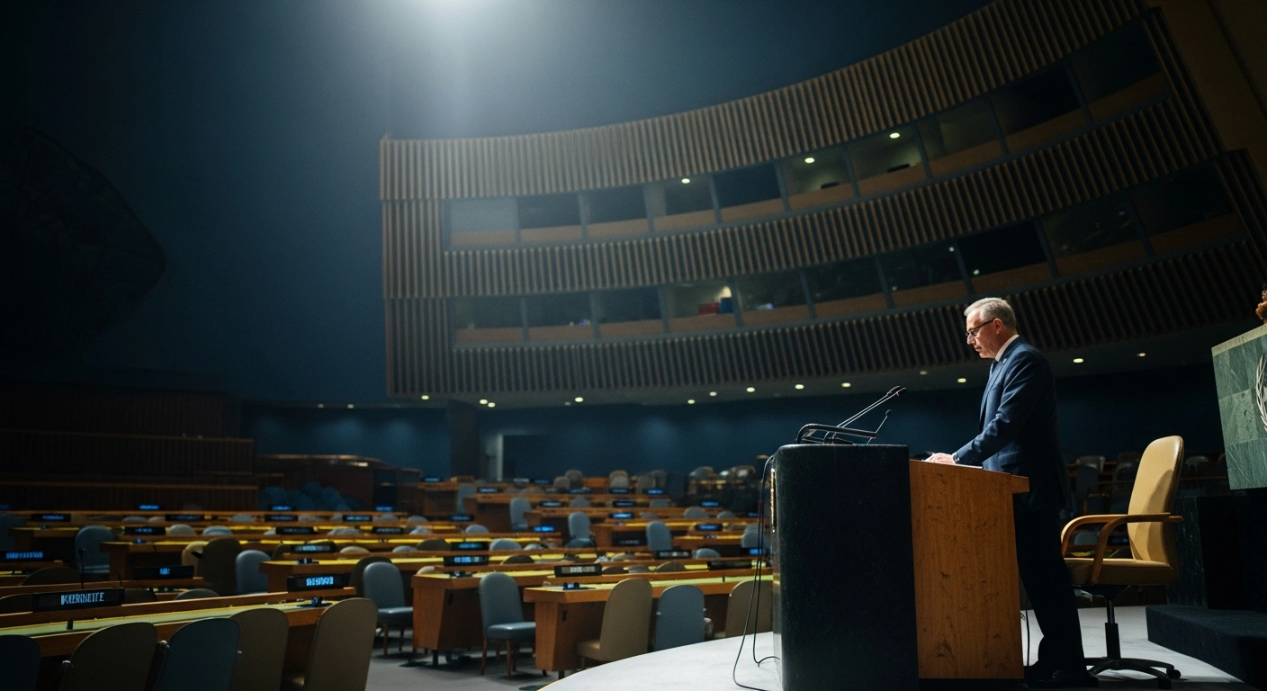A diplomat stands at a podium in the United Nations assembly hall to call for a ceasefire and an arms embargo in Sudan.
