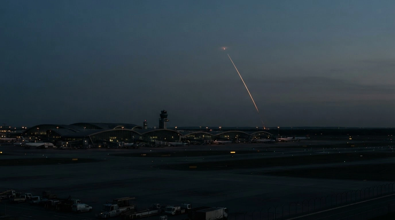 A distant view of an interceptor missile trail in the night sky above a modern airport, representing the UAE's condemnation of the Houthi missile attack on Riyadh.