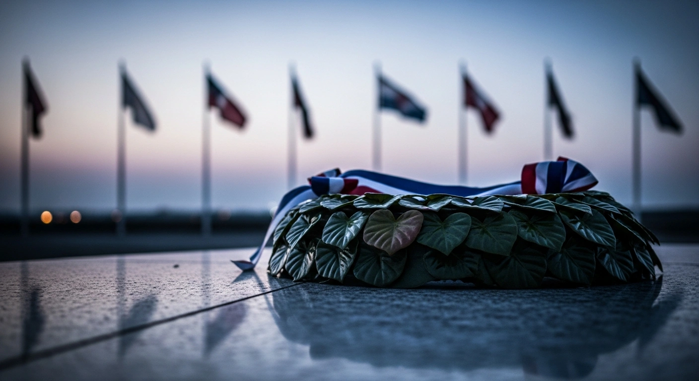 A memorial wreath sits in tribute to the Danish pilot who died in a tragic helicopter collision during a training exercise.