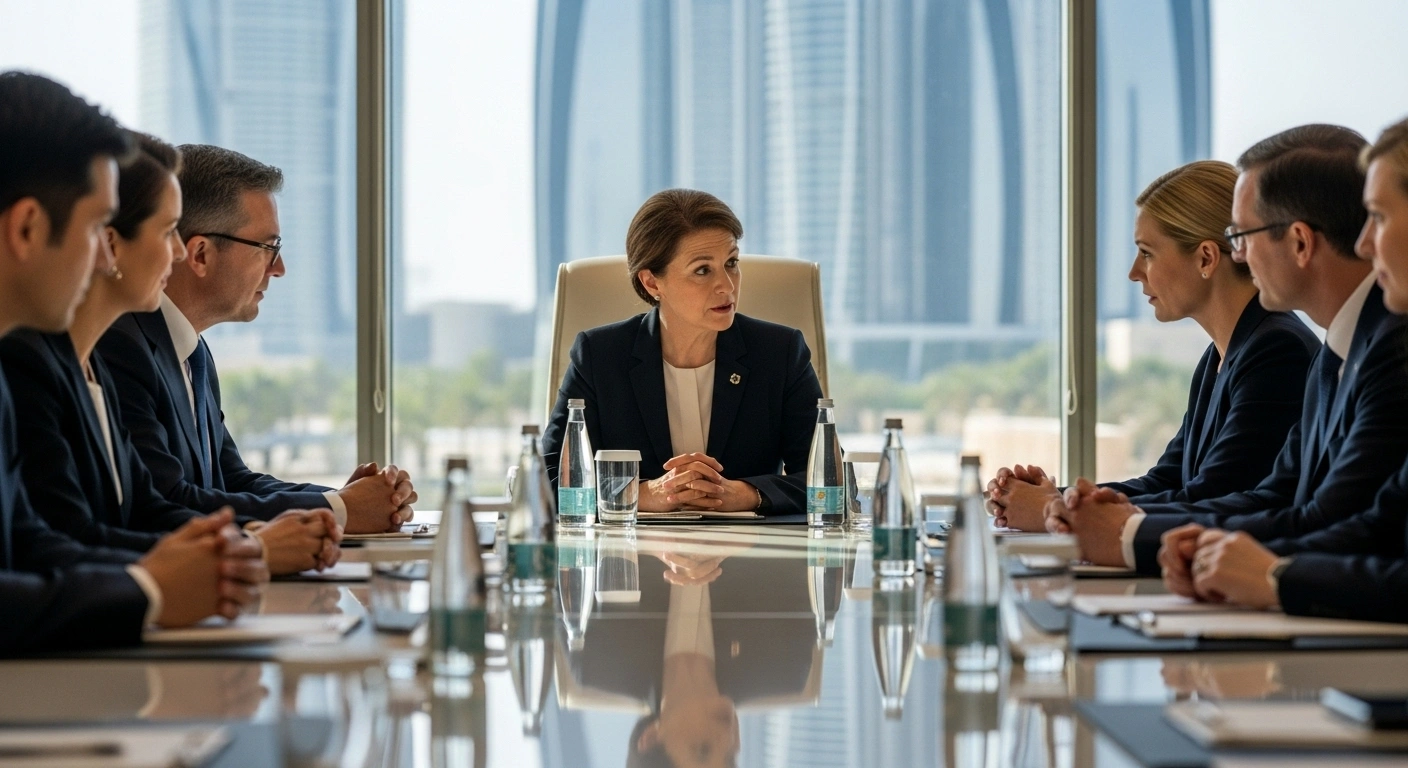 Her Excellency Lana Nusseibeh, UAE Minister of State, is depicted in a medium shot, seated at a polished conference table, engaged in serious discussion with several European Ambassadors, reflecting a high-level diplomatic meeting in Abu Dhabi concerning regional and international developments.