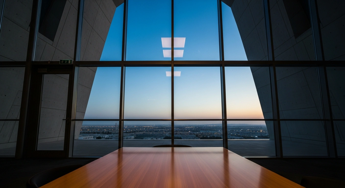 A modern diplomatic chamber overlooks a Middle Eastern city at sunset, representing the UAE's commitment to regional stability and diplomatic engagement.