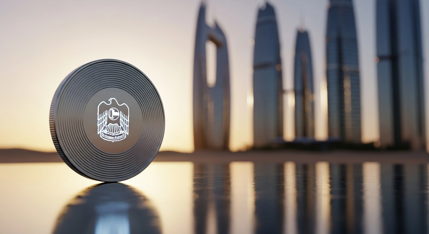 A stylized, glowing digital coin, representing the dirham-backed stablecoin DDSC, rests on a polished surface with a futuristic financial district in the background, symbolizing the CBUAE's authorization of the new institutional payment system developed by FAB and partners.