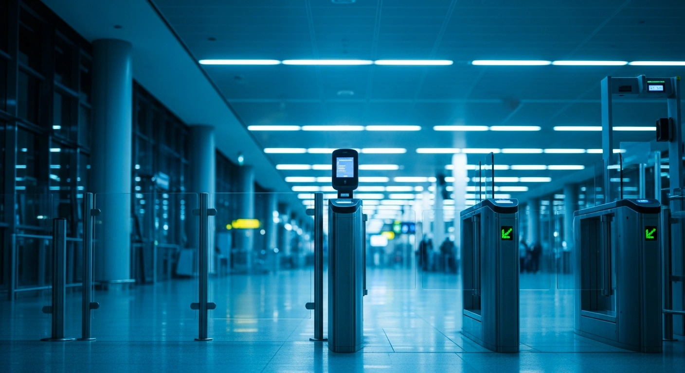 A modern airport security gate in the United Arab Emirates represents the new visa and entry restrictions implemented to prevent the spread of Ebola from affected regions.