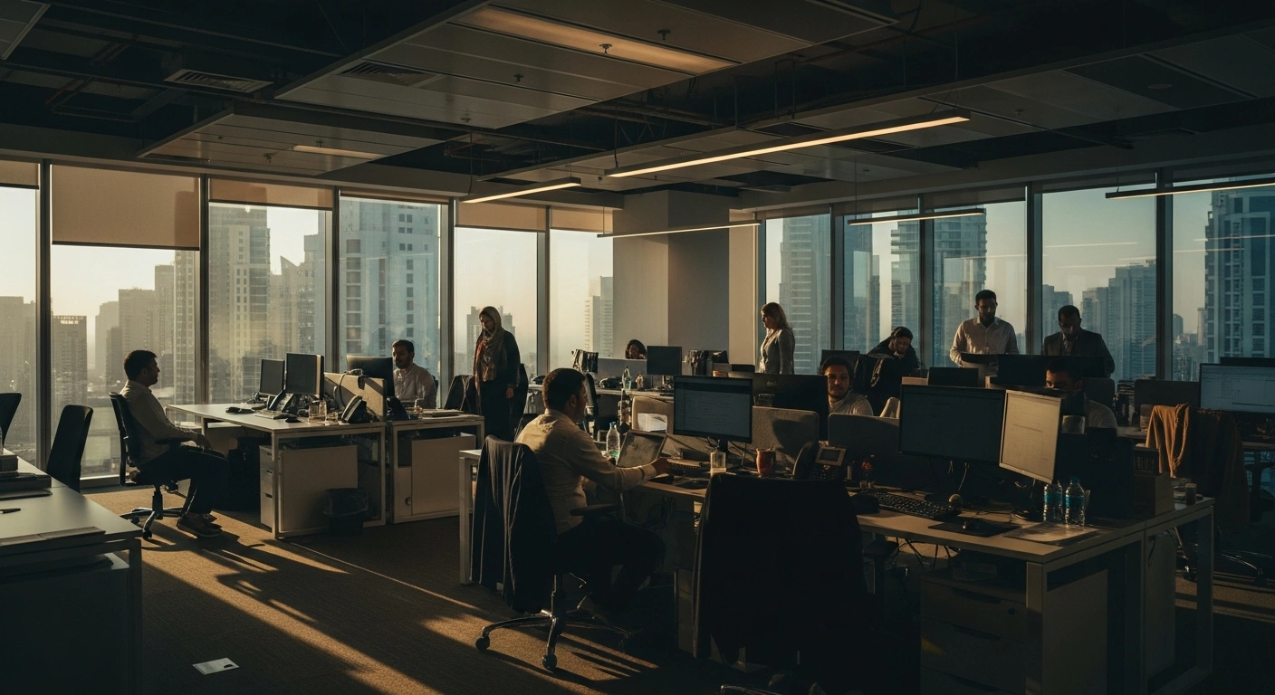 Professional employees in a modern office building in the United Arab Emirates prepare for the upcoming Eid Al Adha public holiday.