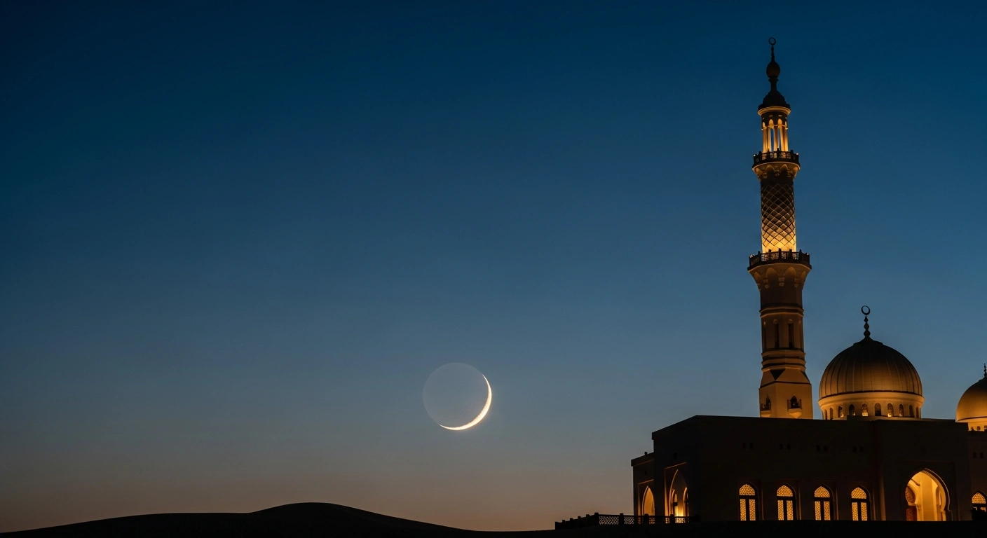A silhouette of a mosque minaret stands against a twilight sky featuring a faint crescent moon to mark the arrival of Eid Al Fitr in the United Arab Emirates.