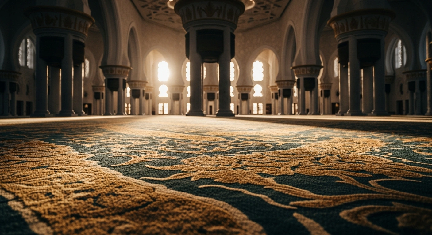 The interior of a grand mosque in the United Arab Emirates is illuminated by soft sunlight as preparations are made for indoor Eid al-Fitr prayers.