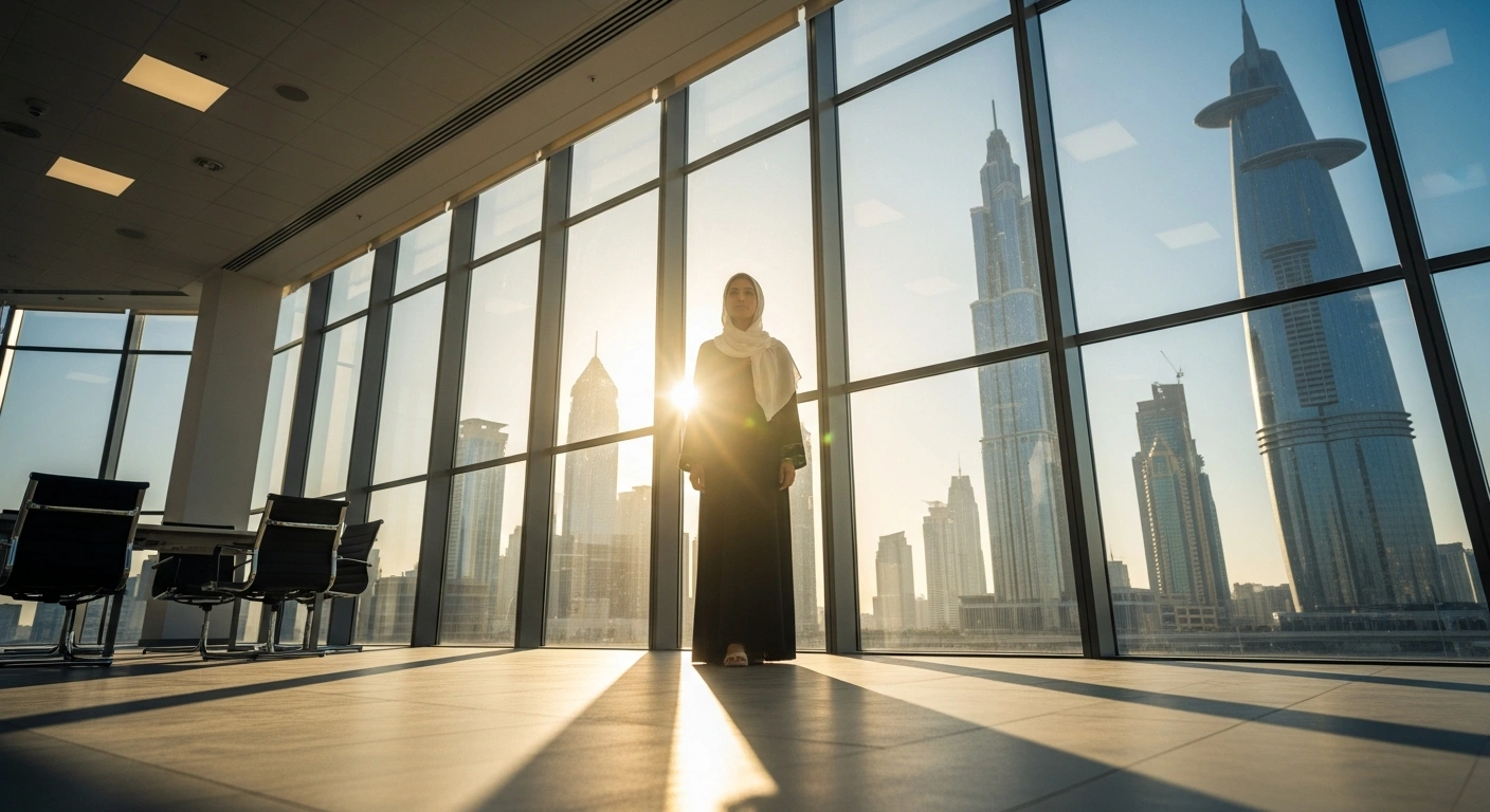A confident Emirati professional stands in a modern office overlooking a city skyline at sunset, symbolizing the UAE's new binding minimum wage of AED 6,000 per month for Emirati citizens in the private sector, a policy effective January 1, 2026, under the Emiratisation strategy.