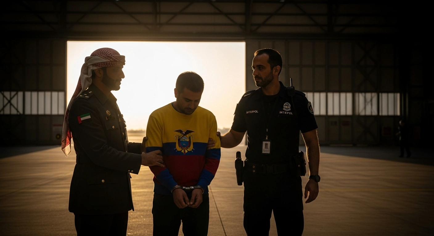 In a dimly lit airport hangar, a handcuffed man, representing Ecuadorian national Roberto Carlos Alvarez Vera, is formally transferred by a UAE official to an Interpol agent, symbolizing his extradition following an Interpol Red Notice for serious crimes.