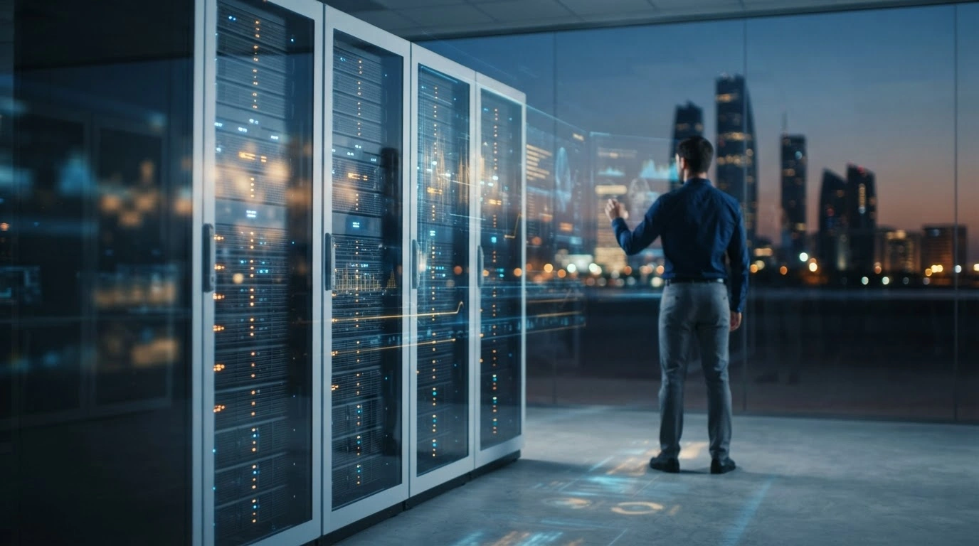 A futuristic laboratory in the United Arab Emirates showcases advanced server technology representing the launch of the Falcon 2 AI series and Arabic language models.