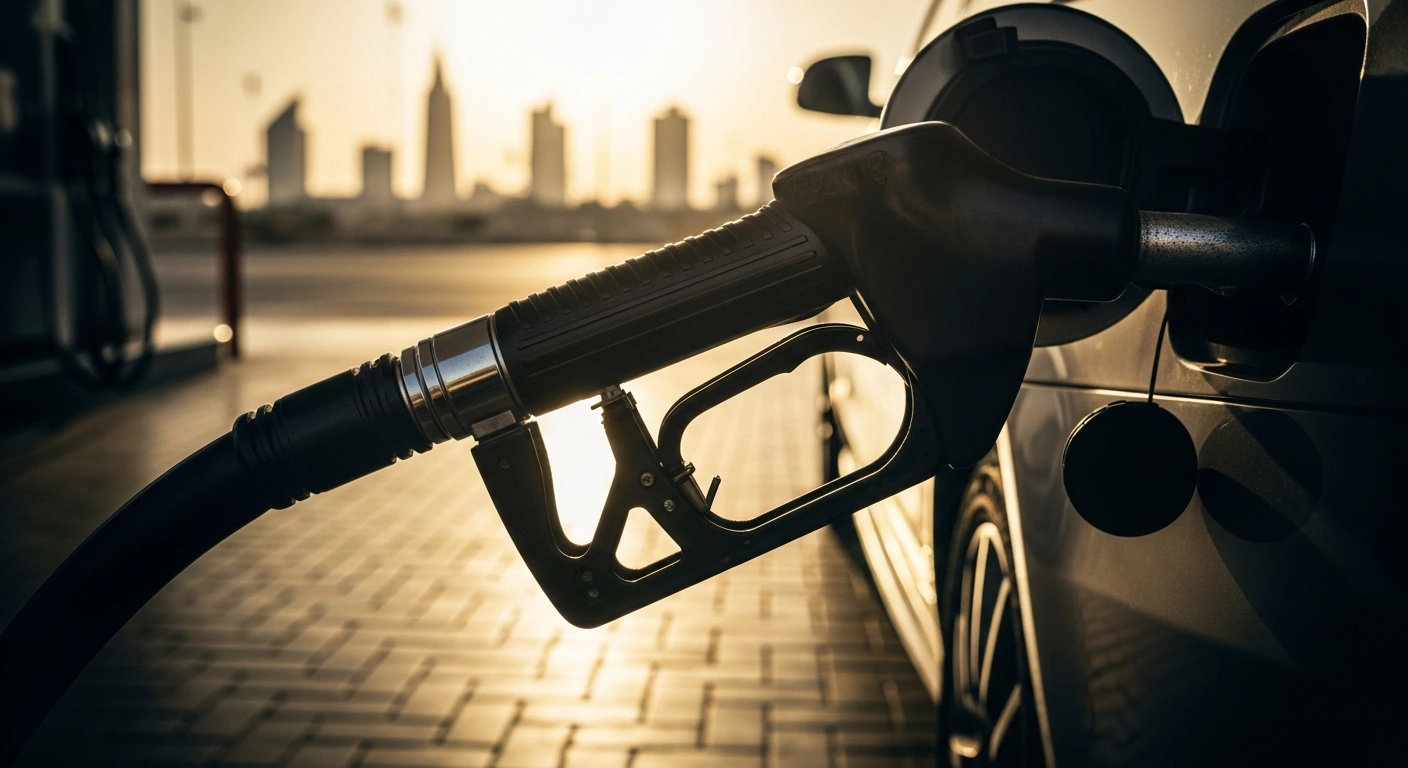 A close-up view of a fuel nozzle filling a car tank at a gas station in the United Arab Emirates during the June 2026 price adjustment.