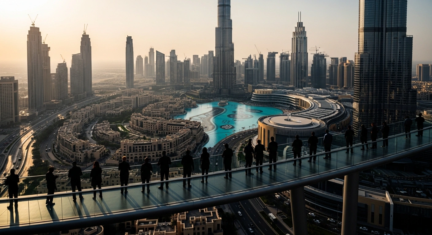 A high-angle drone shot captures a futuristic cityscape at golden hour, featuring the prominent Burj Khalifa and a diverse group of silhouetted figures on an elevated walkway gazing towards the horizon, representing the United Arab Emirates' leading global competitiveness, human development, and talent.