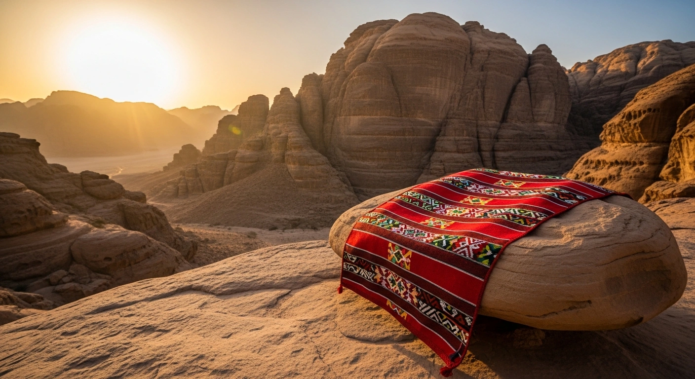 A wide shot at golden hour captures the majestic Faya Palaeolandscape with ancient, ochre-hued rock formations, while a vibrant Al Sadu weaving is artfully draped over a weathered stone, symbolizing the UAE's rich cultural heritage and recent UNESCO recognitions.