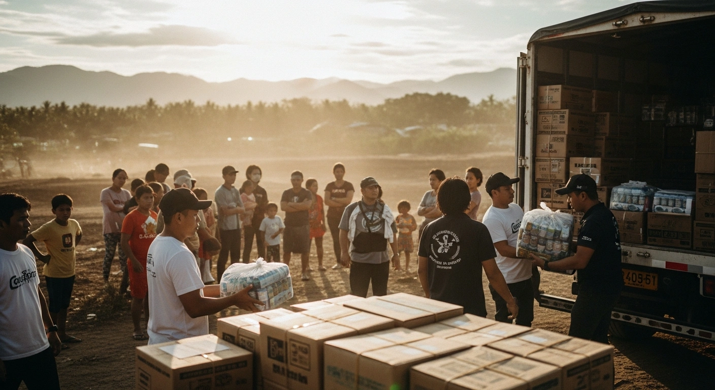 Humanitarian aid workers from the Emirates Red Crescent distribute food and water supplies to families affected by an earthquake in the Philippines.