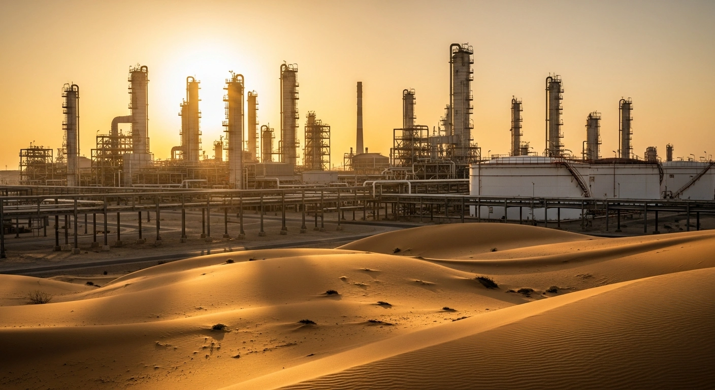A large-scale oil refinery operates in the United Arab Emirates desert as part of the nation's increased crude oil production strategy.