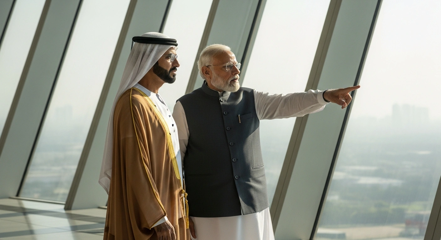 UAE President Sheikh Mohamed bin Zayed Al Nahyan and Indian Prime Minister Narendra Modi are depicted standing together in a modern setting, symbolizing their official visit to strengthen the Comprehensive Strategic Partnership, covering trade, investment, energy, defense, and global issues.