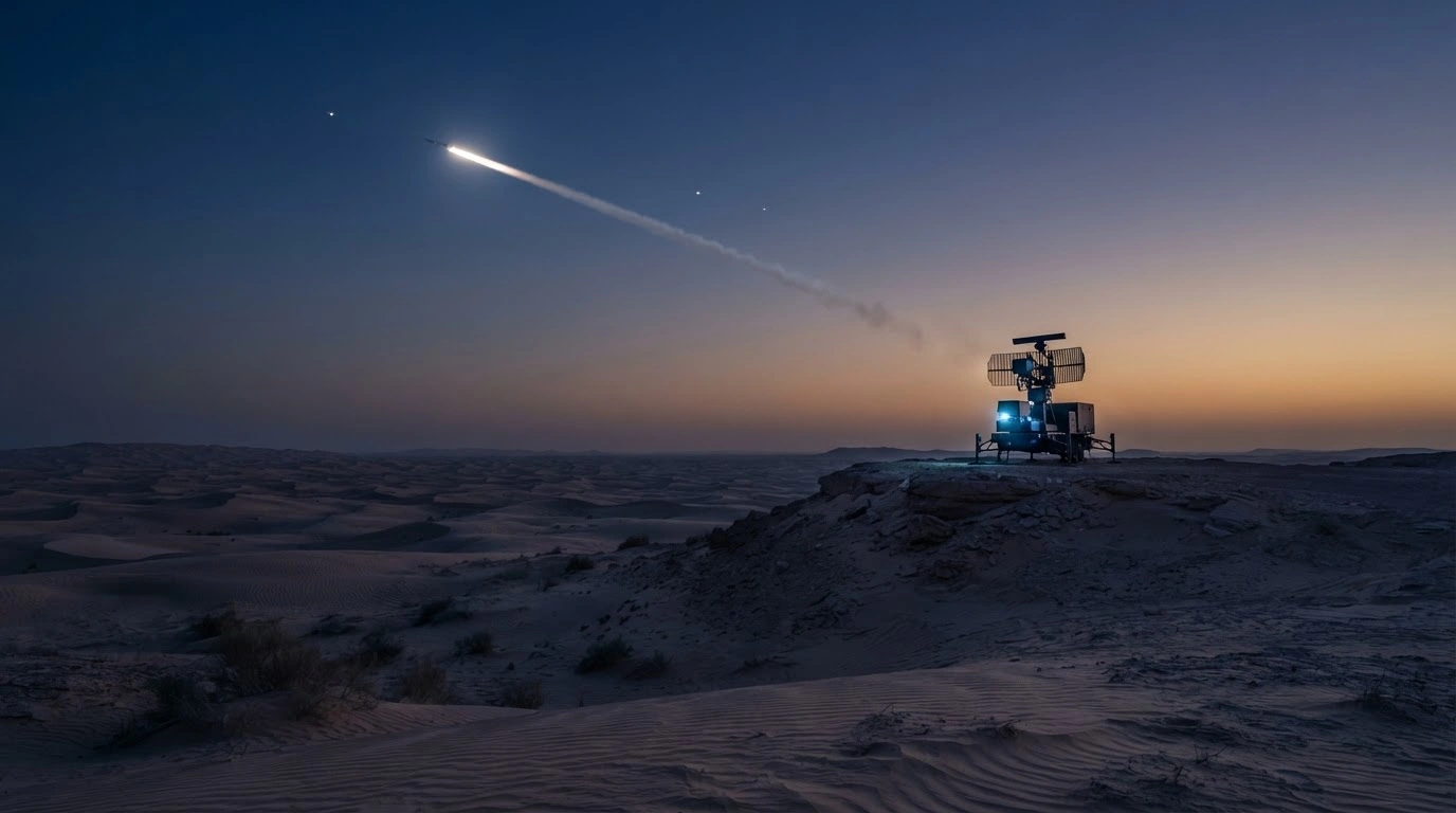 A military radar system in the United Arab Emirates monitors the sky as an interceptor missile tracks a drone originating from Iran.