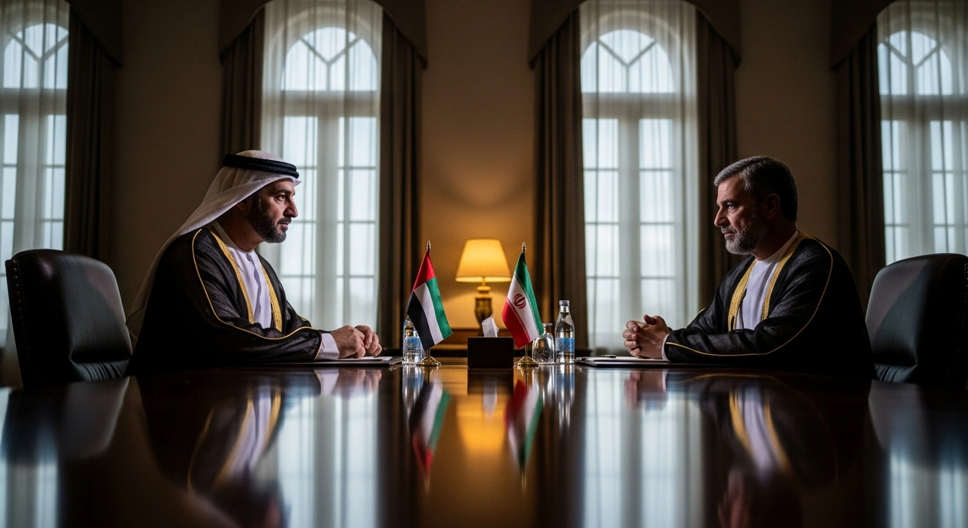 Two diplomats, representing the United Arab Emirates and Iran, are seated at a polished conference table, engaged in serious political consultations focused on bilateral ties, regional peace, security, and future cooperation in Tehran on February 10, 2026.