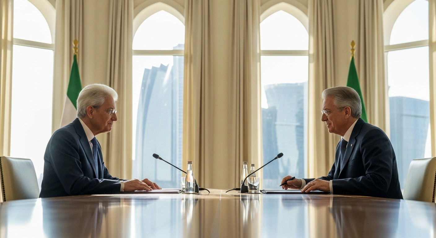 UAE President Sheikh Mohamed bin Zayed Al Nahyan and Italian President Sergio Mattarella are depicted in a formal meeting in Abu Dhabi, engaged in discussions to enhance bilateral cooperation across economic, technological, and cultural sectors.