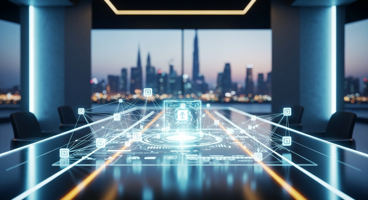 A modern, high-tech command center in the United Arab Emirates displays a holographic data network to represent the new Federal Authority for Artificial Intelligence and Data.