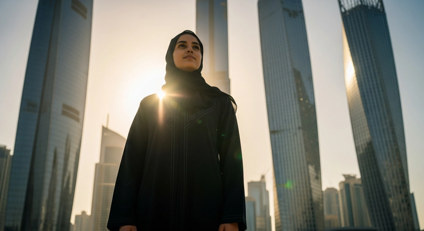 A confident young Emirati adult stands against a backdrop of modern Dubai architecture during golden hour, symbolizing the United Arab Emirates' reduction of the legal age of maturity from 21 to 18 years, effective early 2026, empowering young adults.