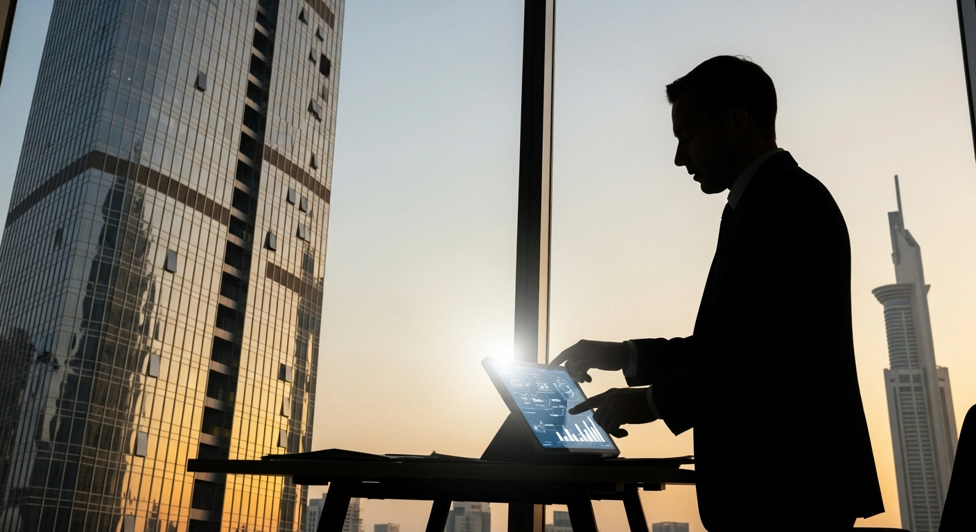 A professional legal consultant reviews regulatory documents in a modern office overlooking the Dubai skyline to represent the growing demand for advisory services in the UAE.