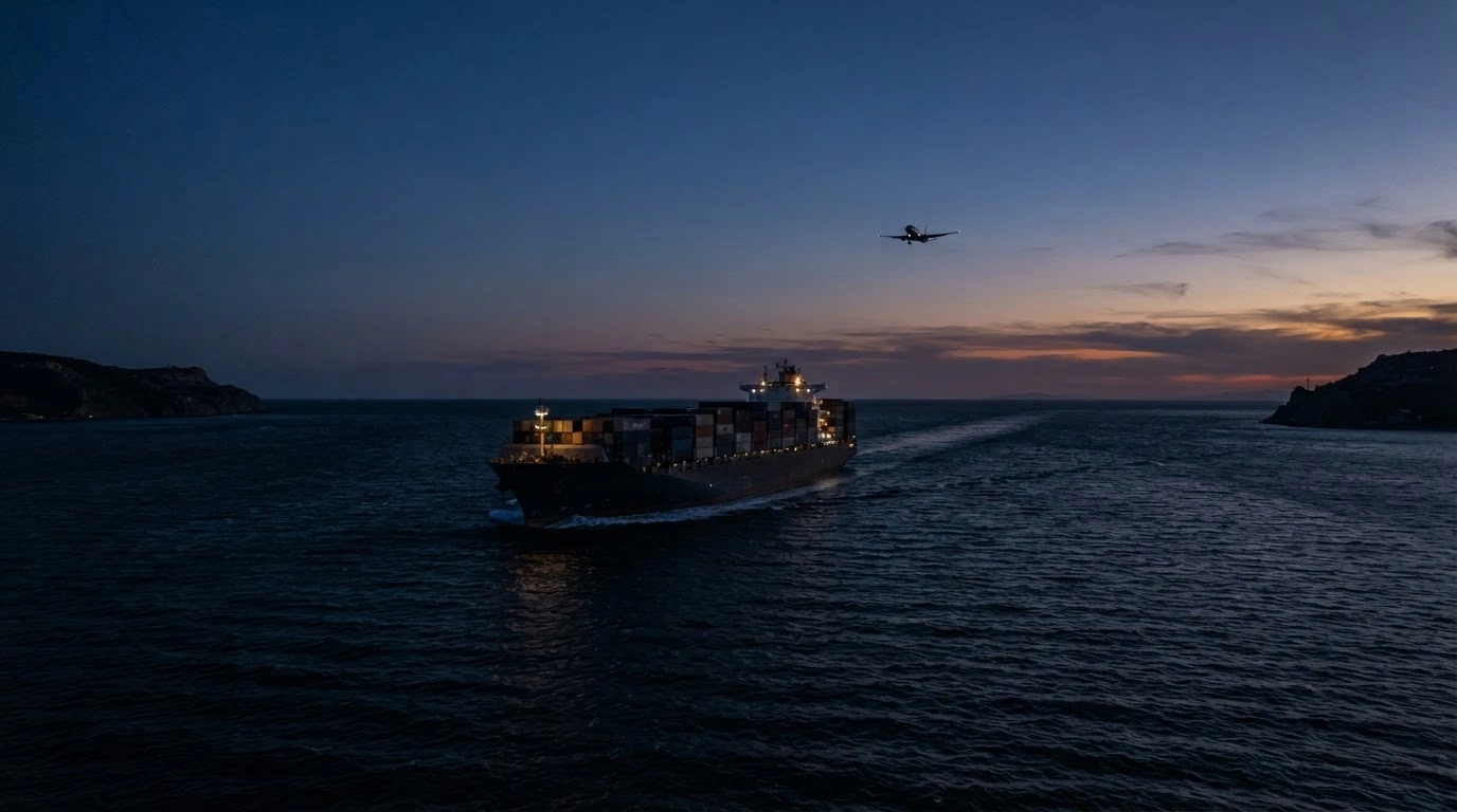 A large cargo ship sails through a dark strait while a commercial airplane flies overhead, representing regional maritime and flight path security concerns in the Middle East.