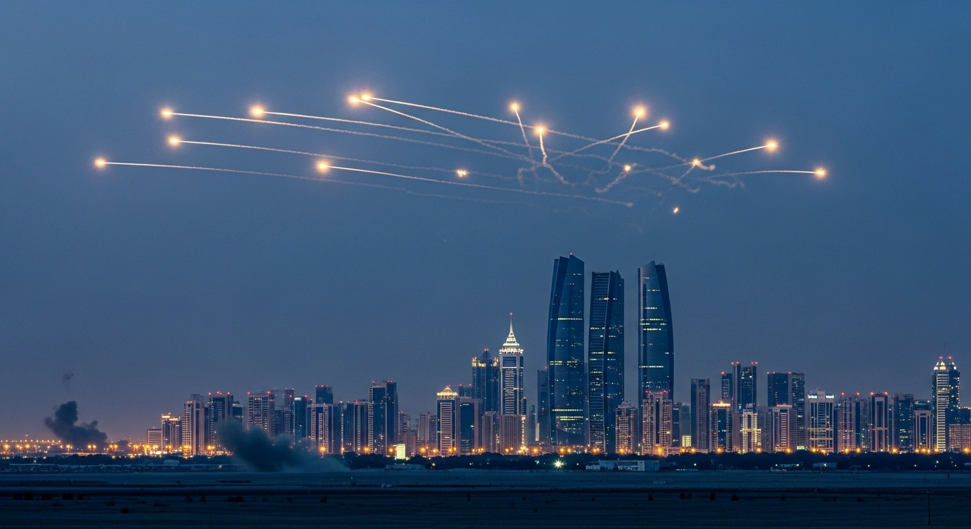 A dramatic wide shot of the Abu Dhabi skyline at dawn shows faint contrails of successfully intercepted Iranian ballistic missiles and drones in the sky, with a distant plume of smoke indicating the aftermath of falling debris that caused a civilian fatality and air travel disruption.