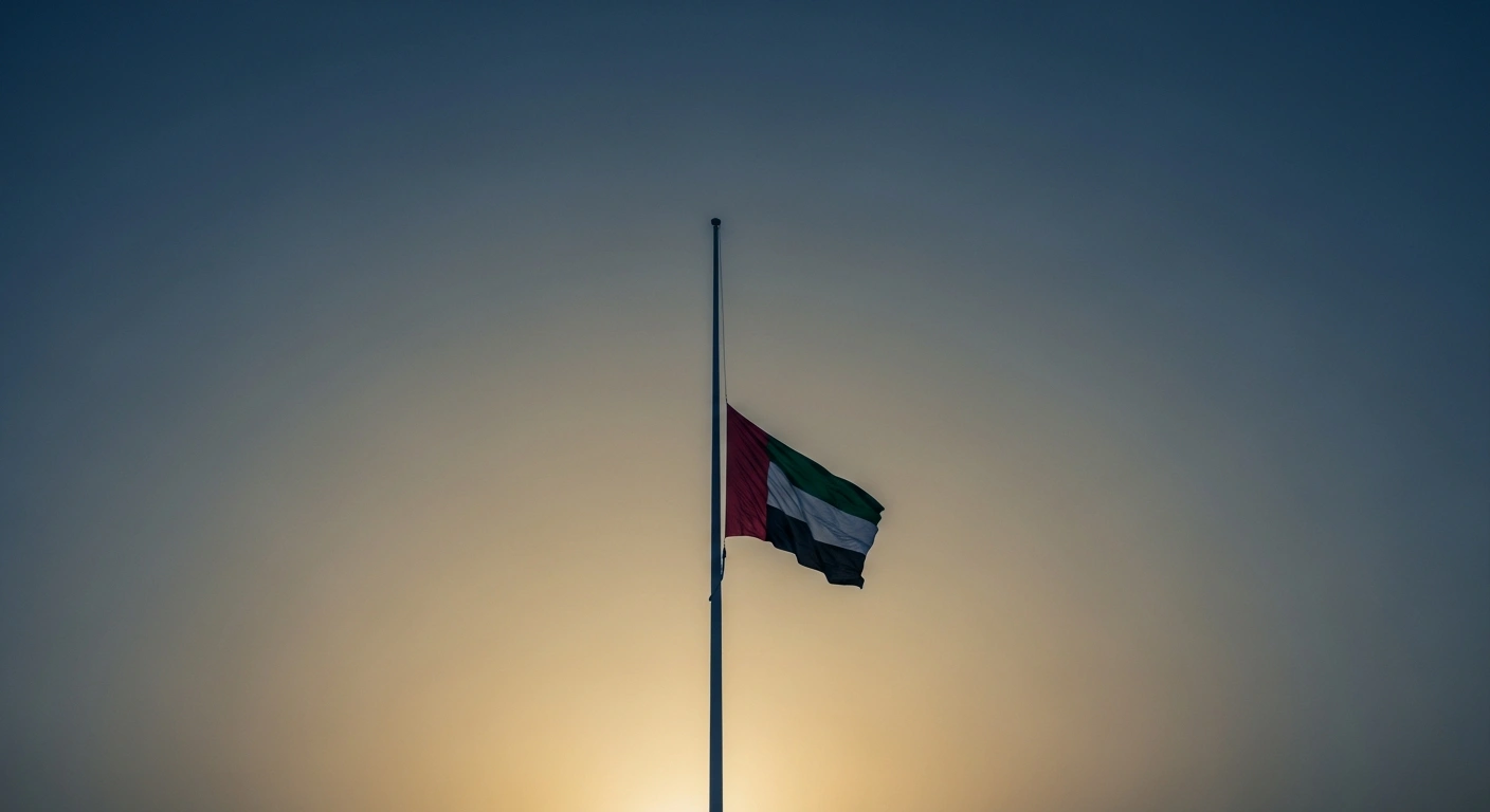 A United Arab Emirates flag flies at half-mast against a twilight sky during a period of official mourning for the late former Emir of Qatar.