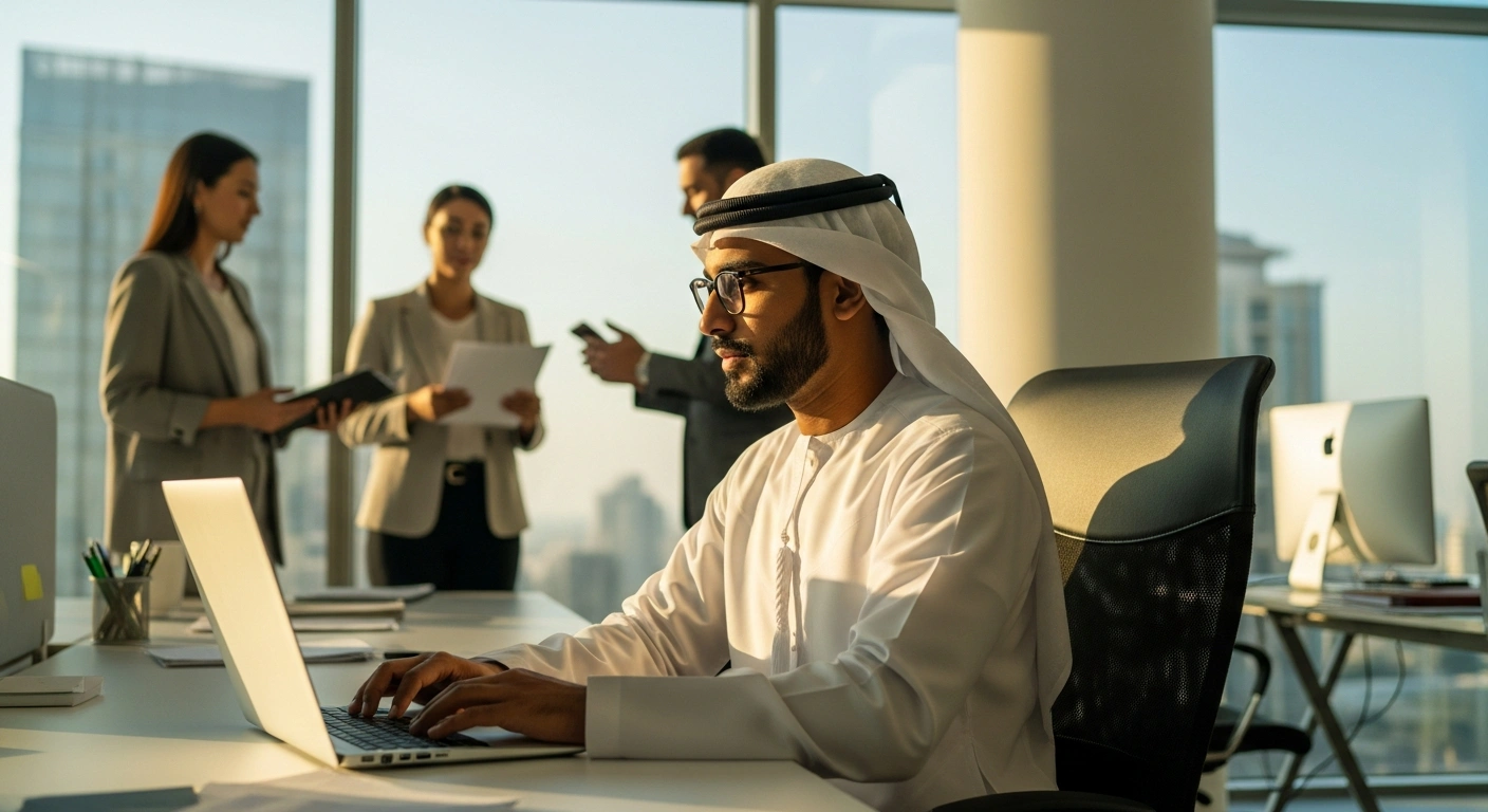 A young Emirati professional works in a modern office, representing the UAE government's Nafis programme reforms to support national talent in the private sector.