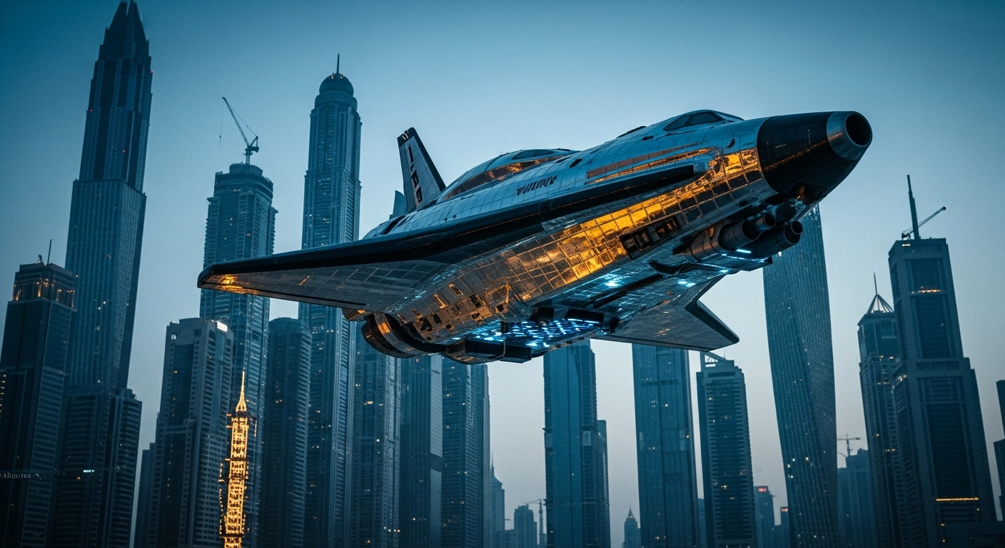 A futuristic spacecraft floats above the Dubai skyline to represent the United Arab Emirates National Space Strategy 2031.
