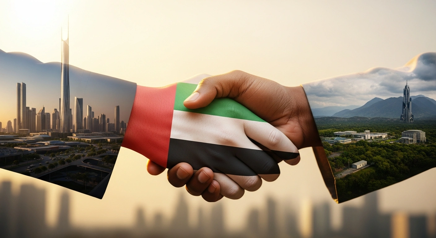 A symbolic handshake between two hands, one representing the United Arab Emirates and the other Nigeria, set against a blurred background of a modern cityscape blending with natural landscapes, signifying their newly signed Comprehensive Economic Partnership Agreement (CEPA) to boost trade and investment.
