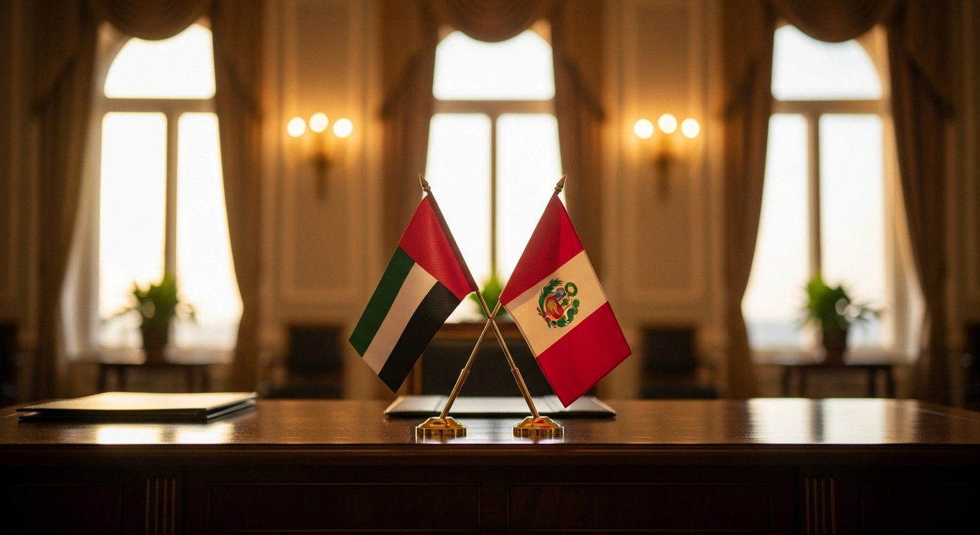 The flags of the United Arab Emirates and Peru are displayed together on a desk to represent the diplomatic congratulations sent by President Sheikh Mohamed bin Zayed Al Nahyan to President Dina Boluarte for Peru's Independence Day.