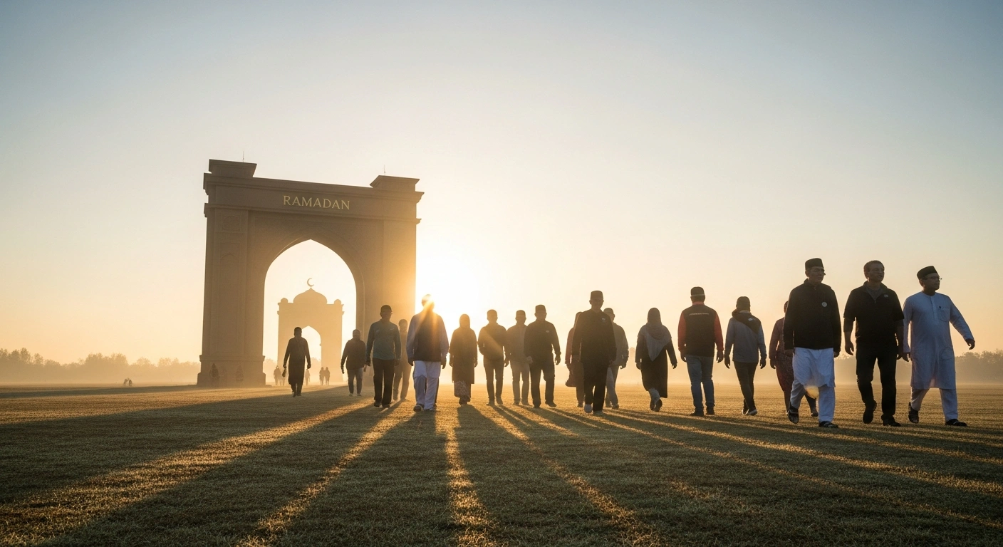 A diverse group of individuals walks towards a golden dawn, emerging from a large, open archway, representing the release of 1,440 inmates and settlement of financial penalties ordered by UAE President Mohamed bin Zayed Al Nahyan to mark Ramadan 2026, offering them a fresh start.