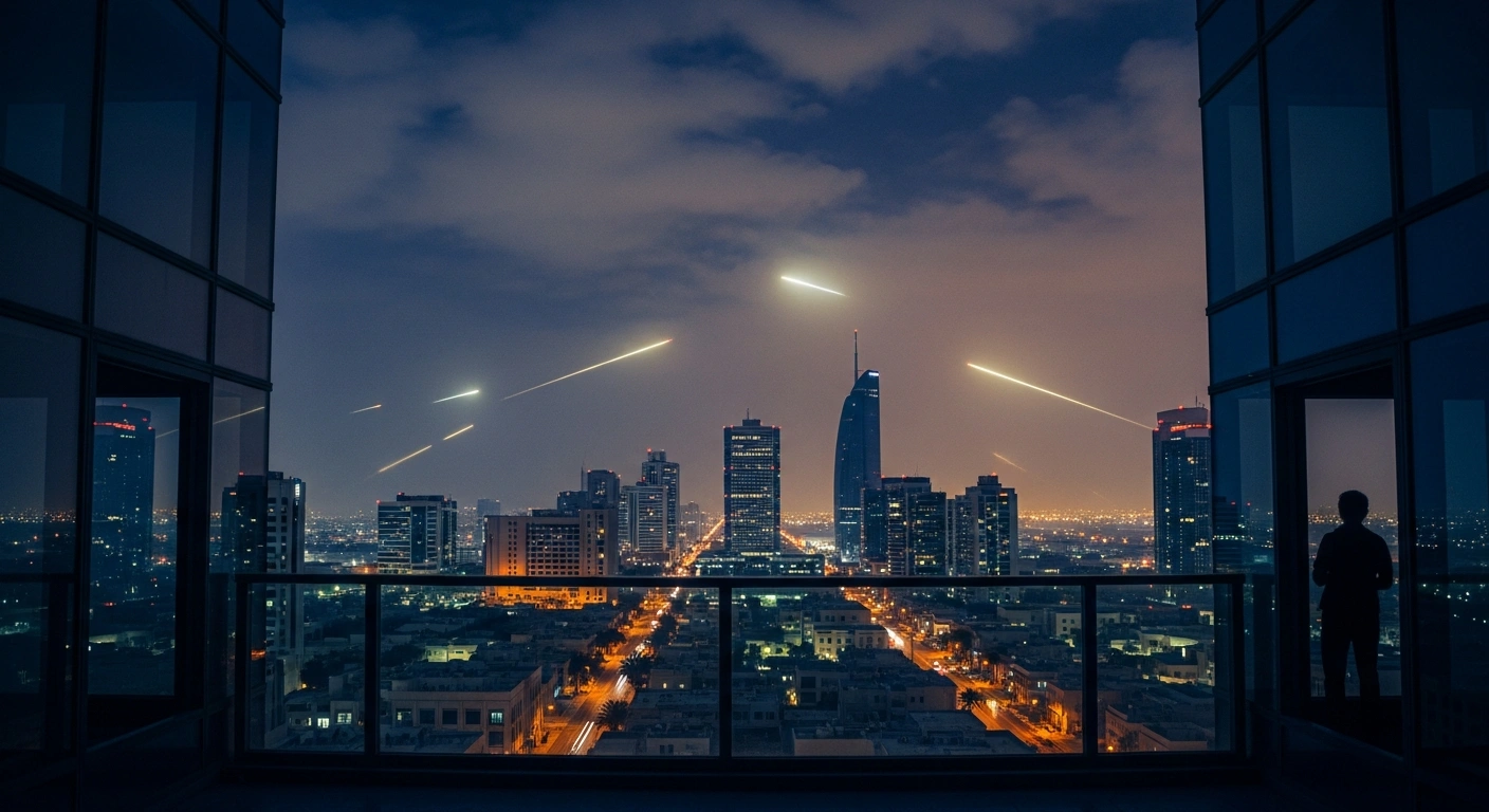 A modern city skyline in the UAE at twilight with air defense streaks visible in the sky as residents are urged to stay in secure locations.