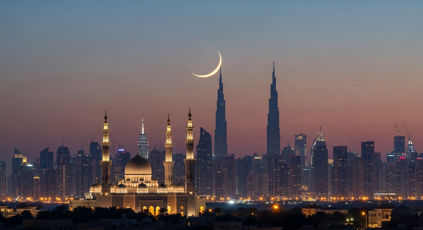 A serene twilight scene in the United Arab Emirates shows a slender crescent moon above an illuminated mosque and city skyline, symbolizing the official announcement of Ramadan beginning February 18, 2026, after the moon sighting.