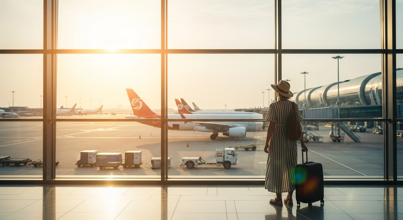 A traveler stands in a modern airport terminal in the United Arab Emirates while planning an international summer vacation.