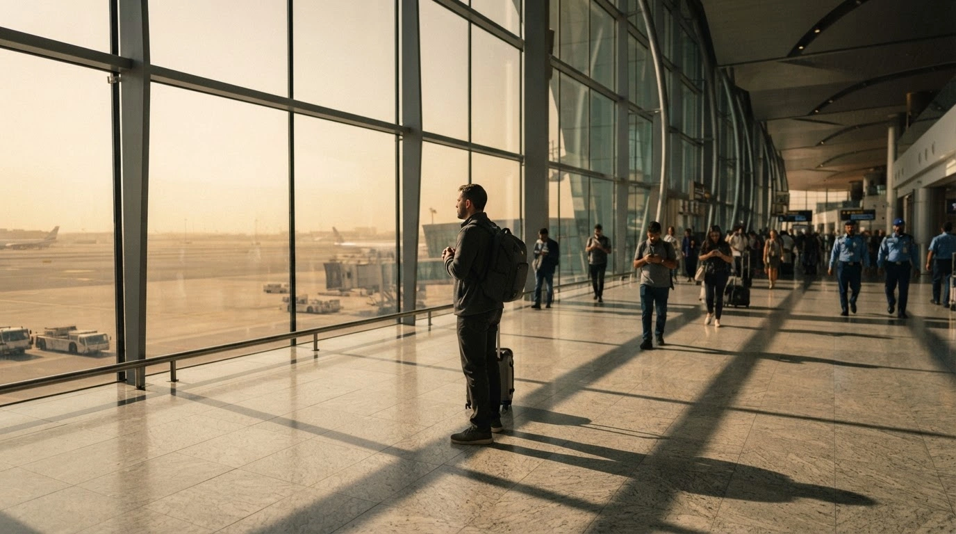 A traveler stands in a modern UAE airport terminal looking out a window as the U.S. Mission issues a security alert for U.S. citizens in the region.