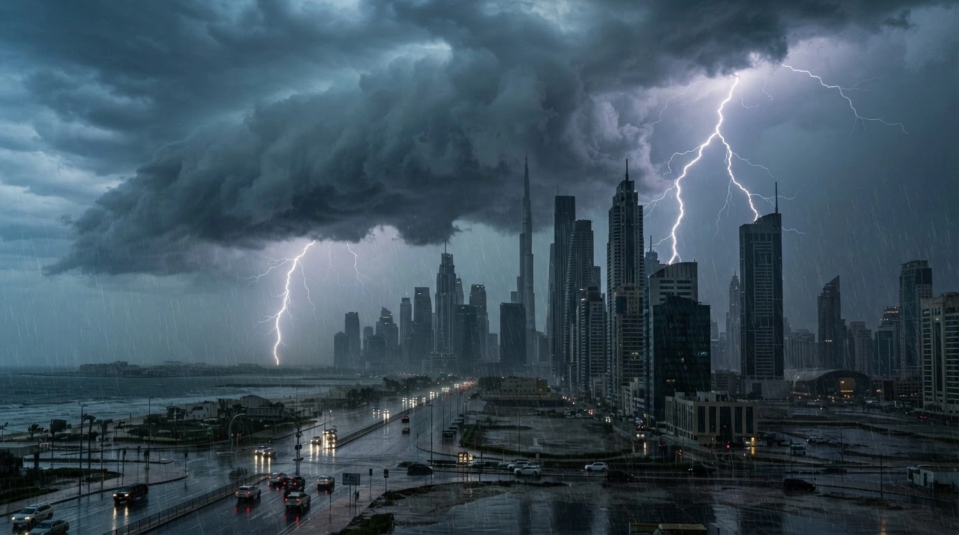 A dramatic storm with heavy rain and dark clouds looms over the modern skyline of the United Arab Emirates during a period of severe weather instability.