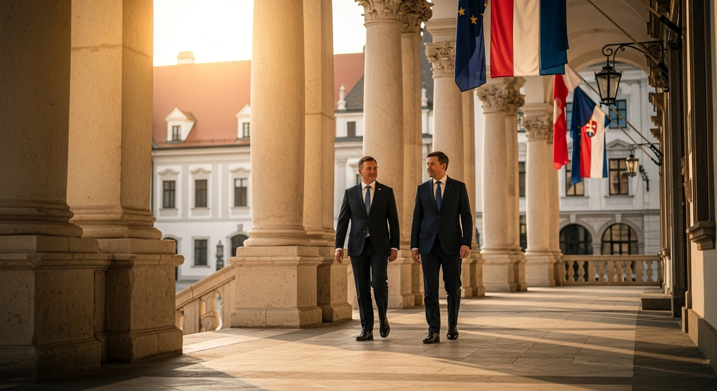 UAE President Sheikh Mohamed bin Zayed Al Nahyan walks with a Slovakian official during a diplomatic working visit in Bratislava to discuss bilateral relations.