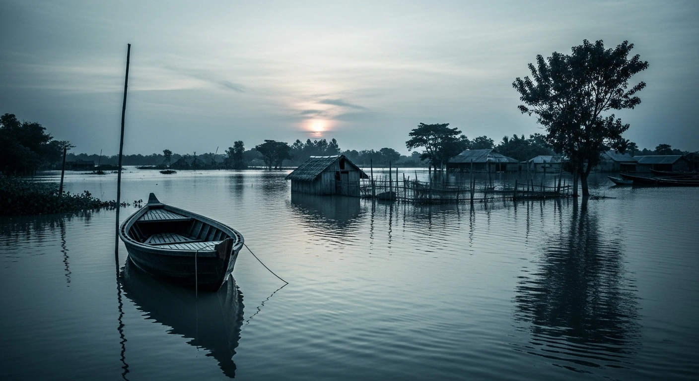 A flooded landscape in Bangladesh shows the aftermath of severe rainfall and infrastructure damage as the United Arab Emirates expresses solidarity with the affected nation.