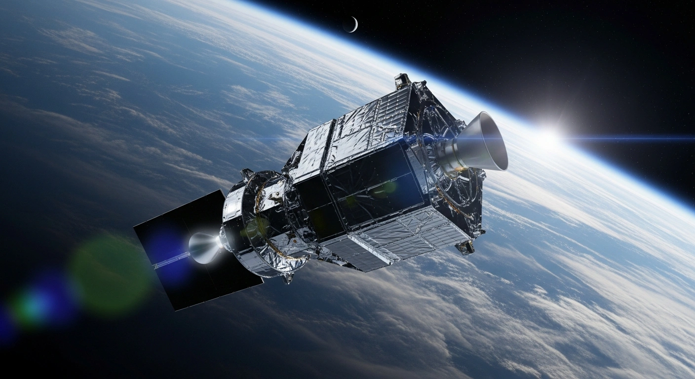A photorealistic image depicting a sleek, advanced satellite orbiting Earth, symbolizing the United Arab Emirates' significant advancements in its space sector in 2025, with visual cues towards lunar and deep-space missions, including commitments to the Lunar Gateway and the development of the Rashid 2 Rover.