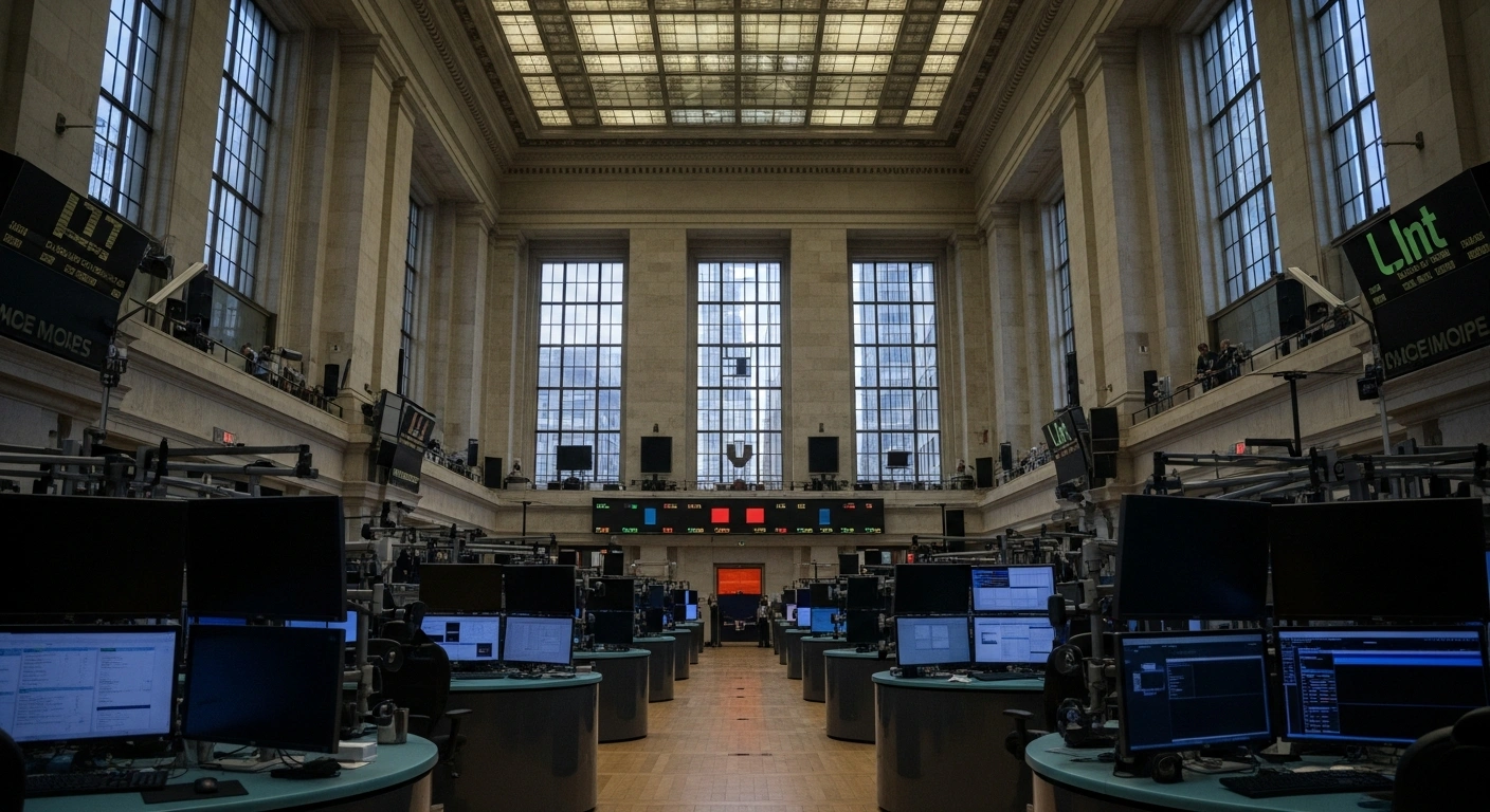 A wide, low-angle shot of a deserted stock exchange trading floor, bathed in cool pre-dawn light with a distant orange glow, symbolizing the UAE's precautionary closure of the Abu Dhabi Securities Exchange and Dubai Financial Market on March 2 and 3, 2026, due to escalating regional geopolitical developments and Iranian strikes following US and Israeli military actions, aimed at safeguarding market stability.