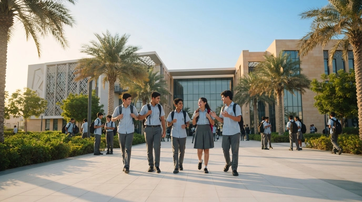 Students walk toward a modern school building in the United Arab Emirates as the new academic year begins.