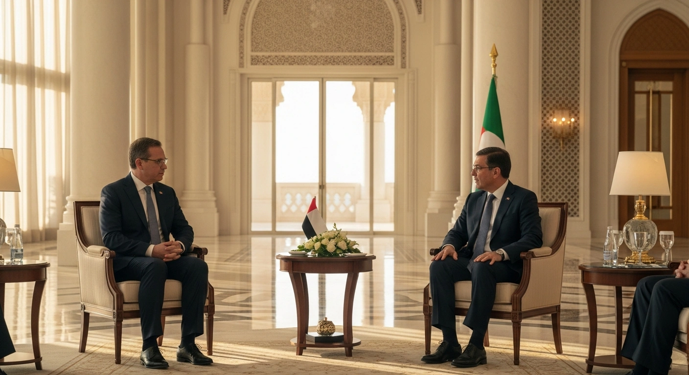 UAE President Sheikh Mohamed bin Zayed Al Nahyan holds diplomatic talks with Syrian Foreign Minister Faisal Mekdad in an Abu Dhabi palace.