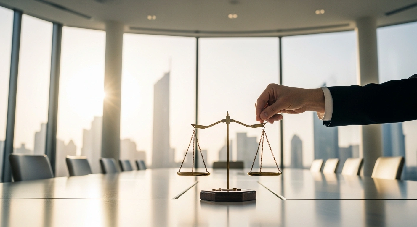 A wide shot depicts a modern, sunlit boardroom in Dubai, where an elegant hand places a balanced scale on a polished table, symbolizing the UAE Cabinet's recent approval of revised administrative penalties for tax law violations, aimed at fostering compliance and a transparent business environment.