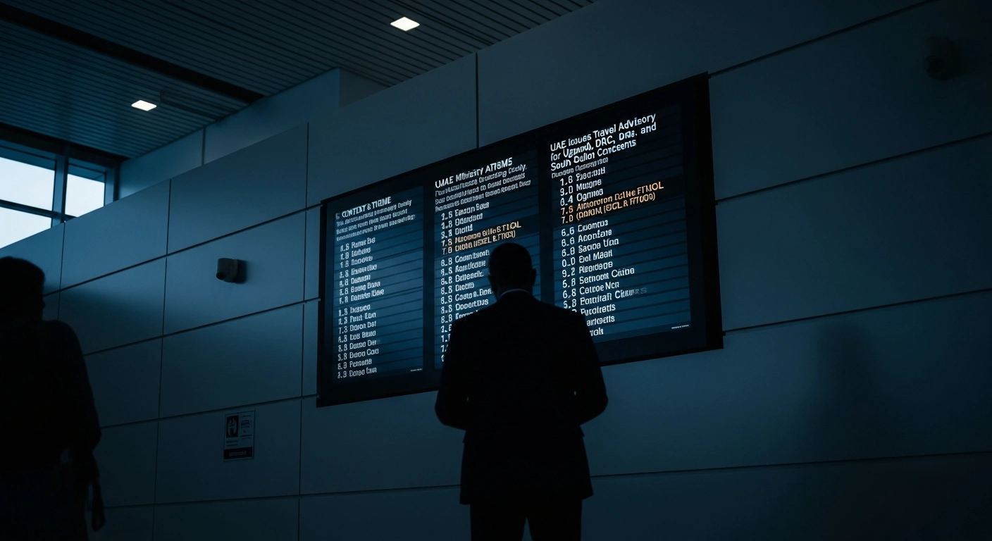 A traveler stands in an airport terminal looking at a departure board as the UAE Ministry of Foreign Affairs issues a travel advisory for Uganda, the Democratic Republic of the Congo, and South Sudan due to Ebola concerns.