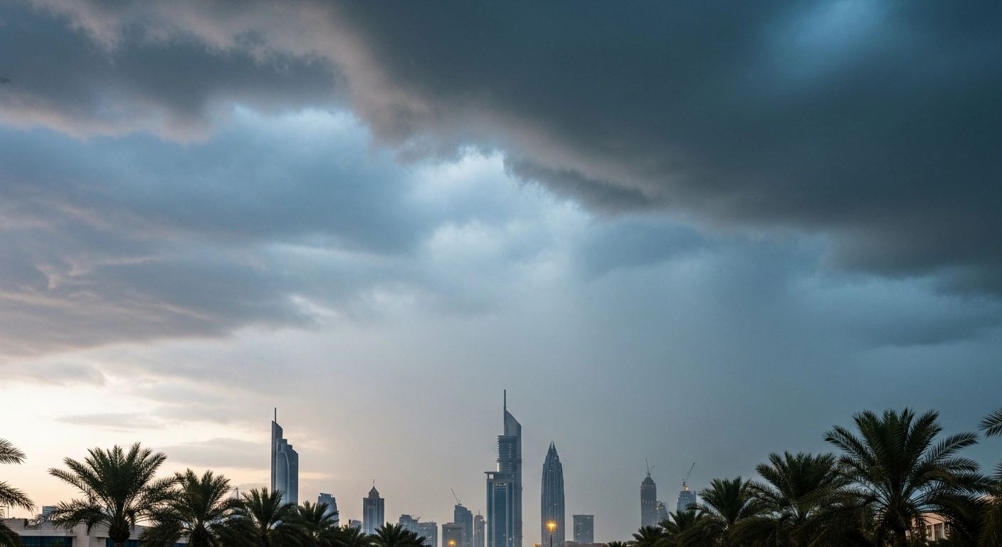 A wide, low-angle shot of a modern UAE cityscape under a vast, turbulent sky with visible streaks of light rain and wind, depicting the unstable weather forecast by the NCM for November 3-7, 2025, as the region transitions from autumn to winter.
